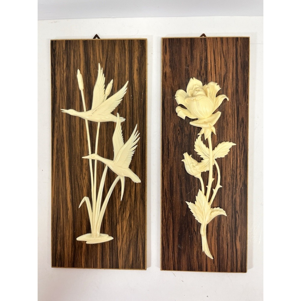 MCM Germany Bird Flower Wall Plaques Art Lot 2 Panel Plastic Wood 60s 10"x3.75"